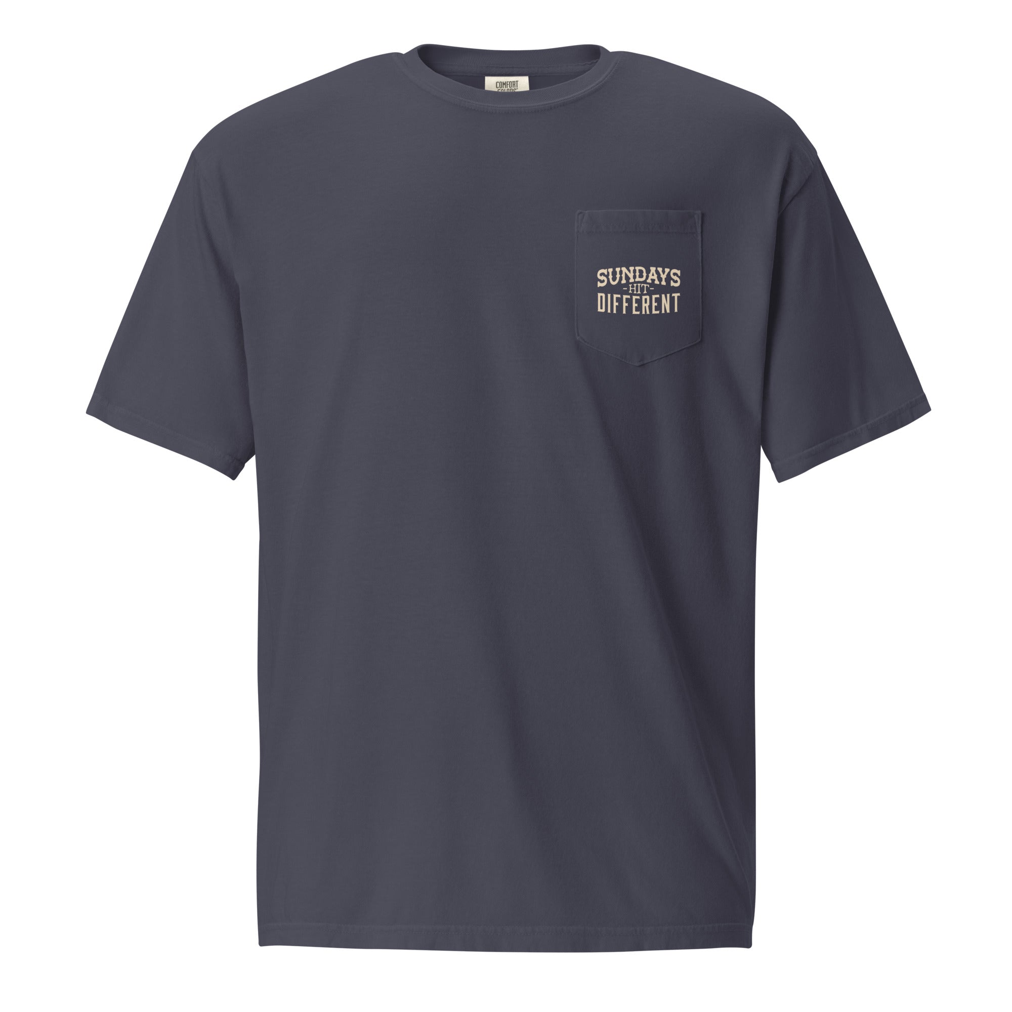 Religious T-shirt from Faith based Christian company, Christian Shirts Shop.
Graphic: Sundays Hit Different Pocket Tee
Color: True Navy
Brand: Comfort Colors