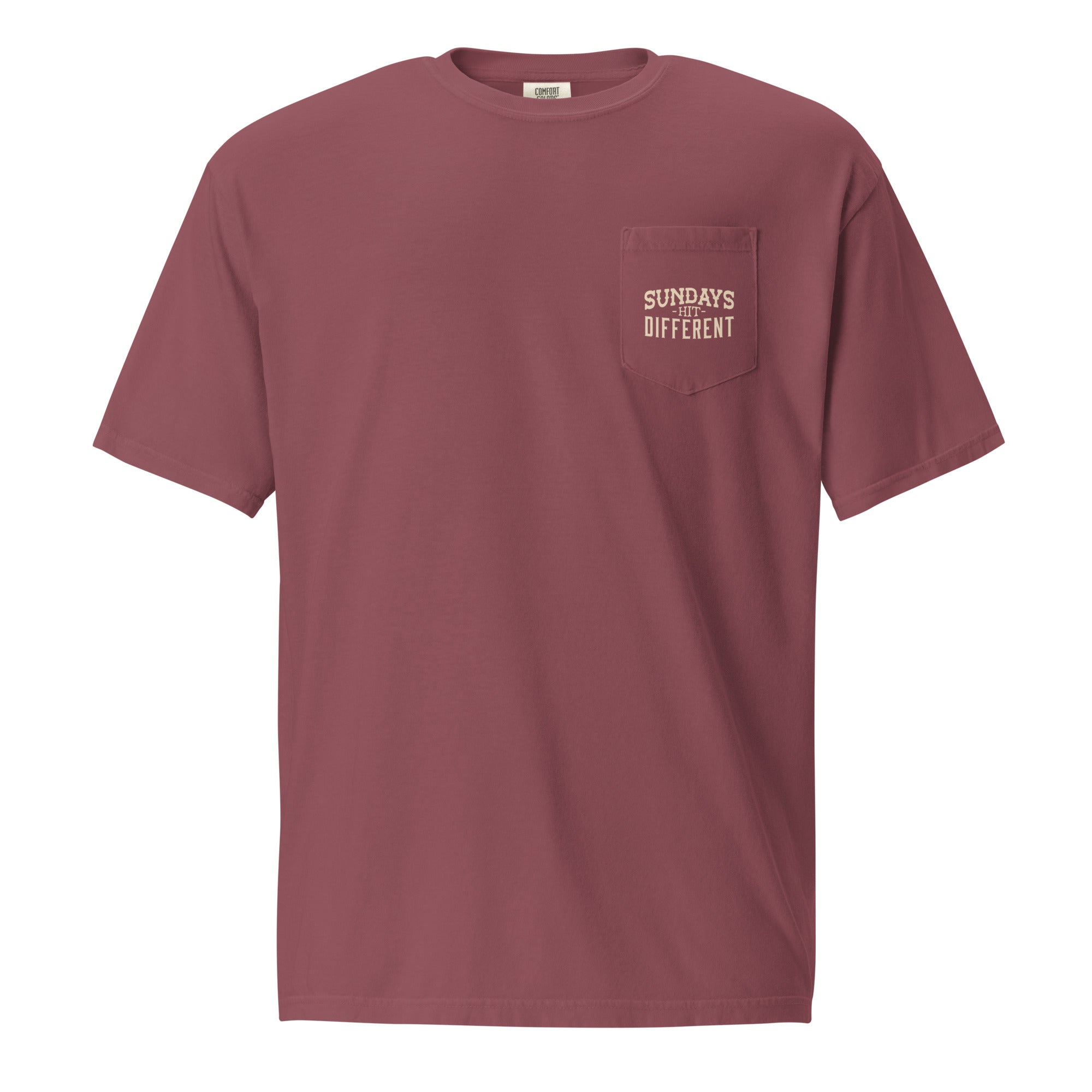 Religious T-shirt from Faith based Christian company, Christian Shirts Shop.
Graphic: Sundays Hit Different Pocket Tee
Color: Brick
Brand: Comfort Colors