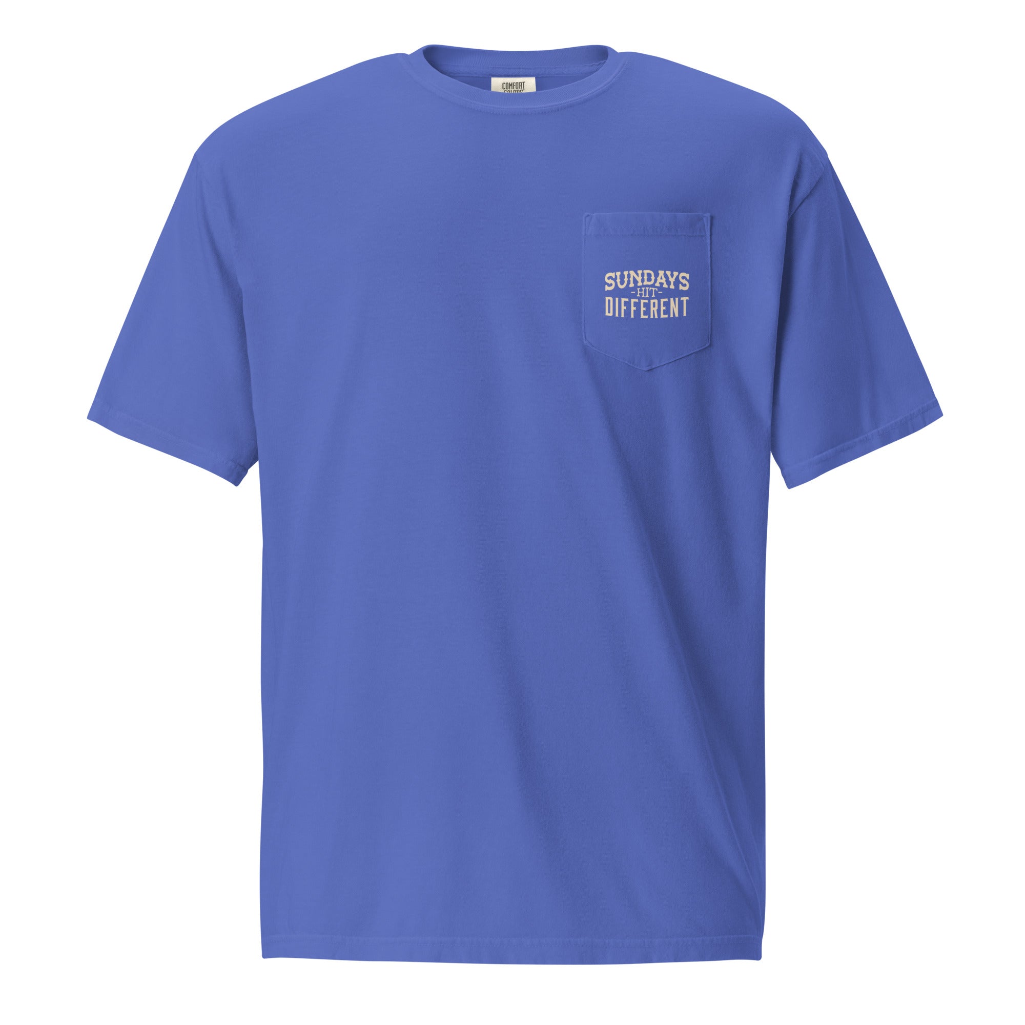 Religious T-shirt from Faith based Christian company, Christian Shirts Shop.
Graphic: Sundays Hit Different Pocket Tee
Color: Flo Blue
Brand: Comfort Colors
