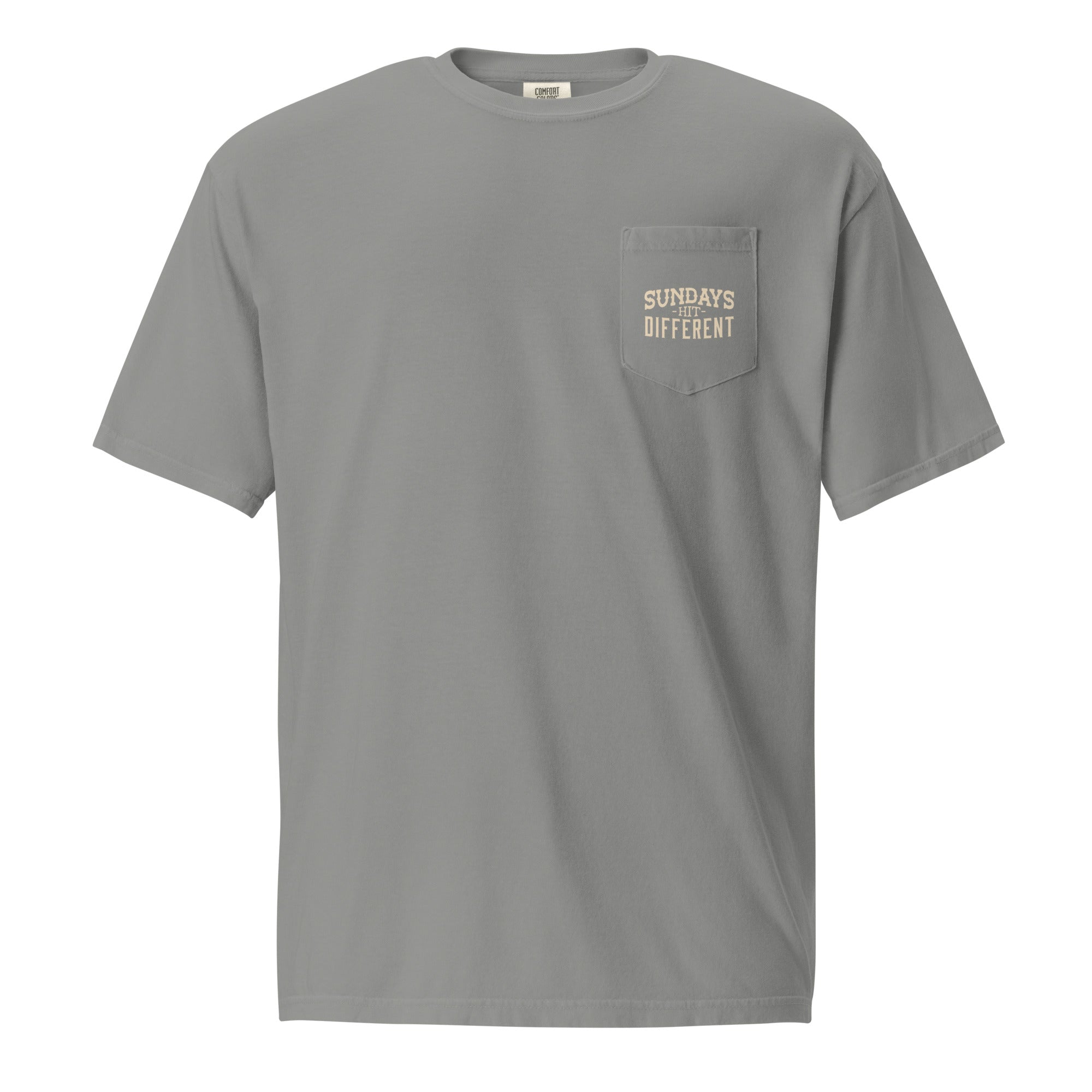 Religious T-shirt from Faith based Christian company, Christian Shirts Shop.
Graphic: Sundays Hit Different Pocket Tee
Color: Grey
Brand: Comfort Colors
