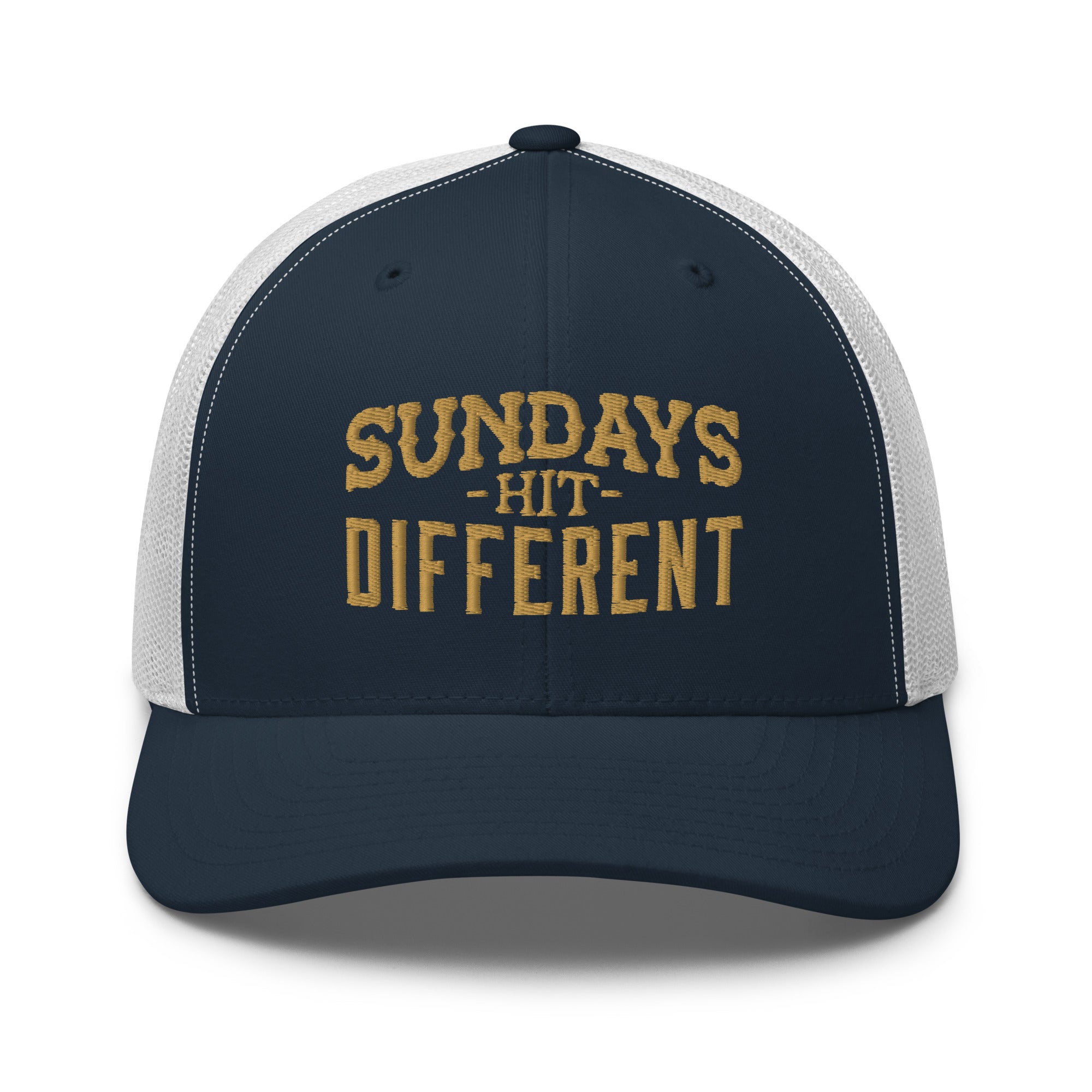Sundays Hit Different Trucker Hat featuring a navy blue and grey design with bold lettering from Religious Shirt Company, Christian Shirts Shop.