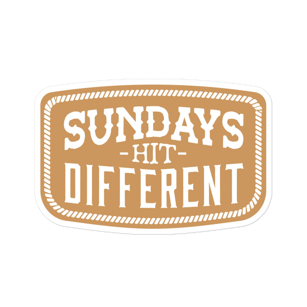 Sundays Hit Different Religious Vinyl Sticker from Faith based Christian company, Christian Shirts Shop.
Graphic: Sundays Hit Different 
Color: Clay