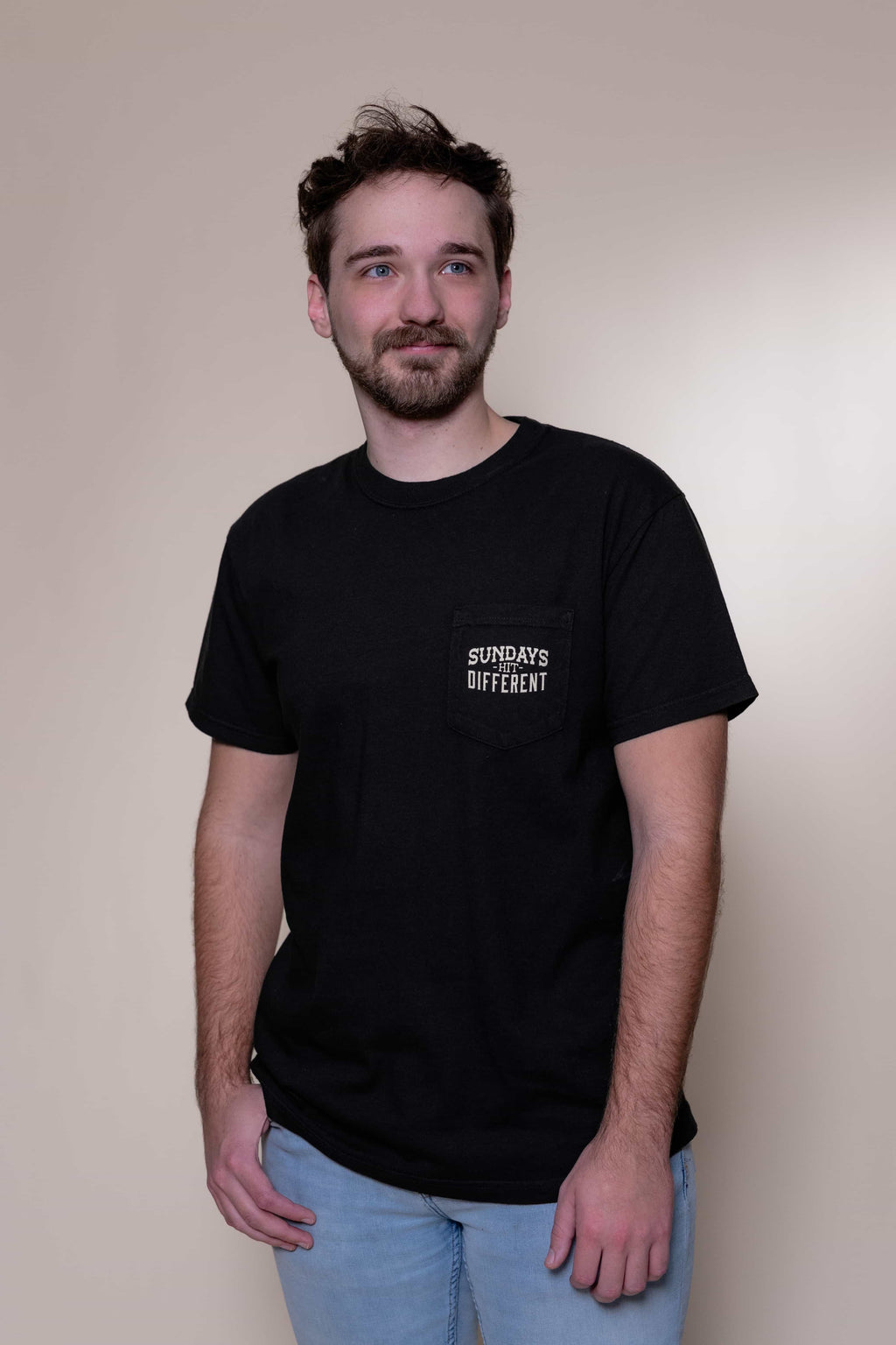 Religious T-shirt from Faith based Christian company, Christian Shirts Shop.
Graphic: Sundays Hit Different Pocket Tee
Color: Black
Brand: Comfort Colors