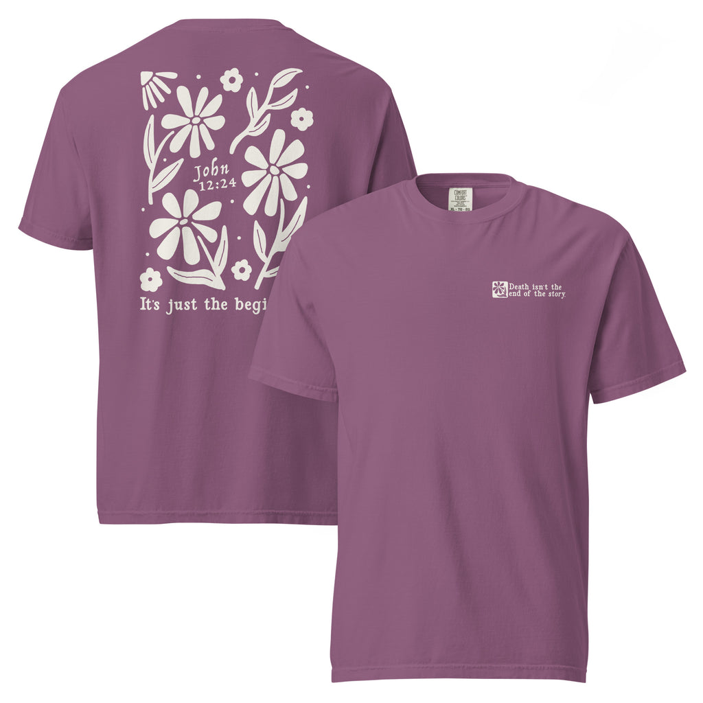 Religious Shirt from Faith based Christian company, Christian Shirts Shop.
Graphic: Death isn't the end of the story. It's just the beginning. John 12:24
Color: Berry
Brand: Comfort Colors
