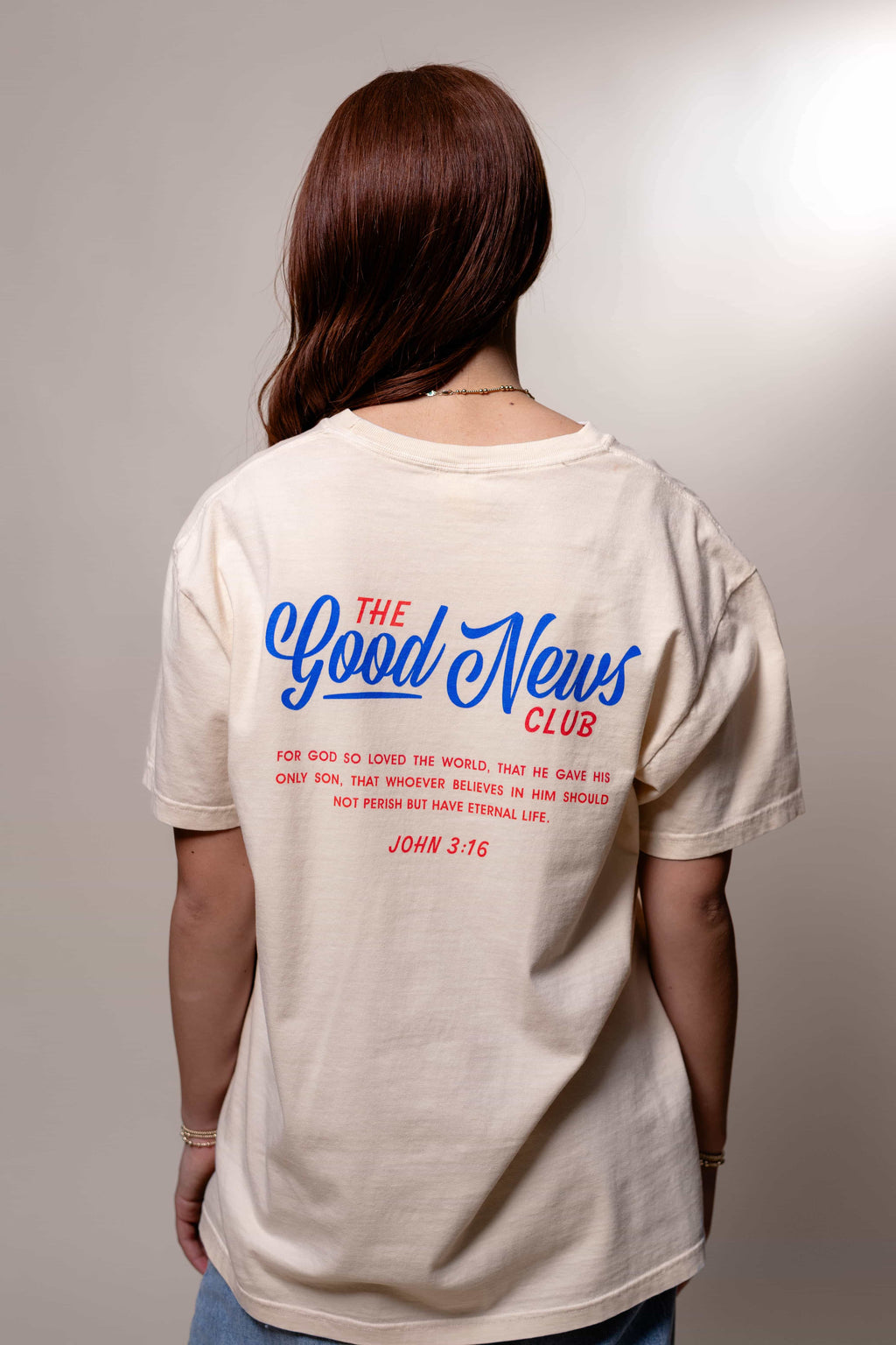 T-shirt from Faith based Christian company, Christian Shirts Shop. 
Graphic: The Good News Club John 3:16
Color: Ivory
Brand: Comfort Colors
