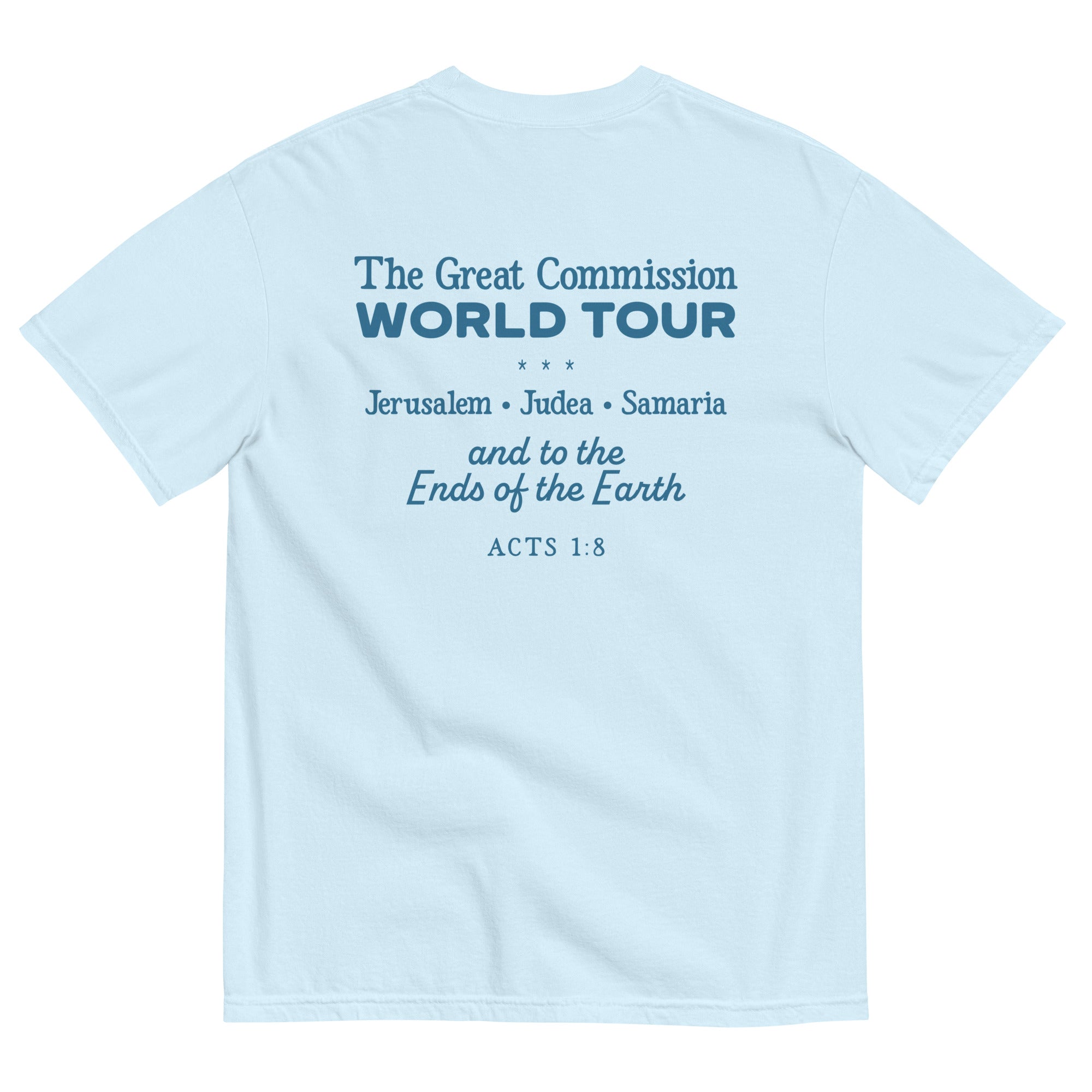 T-shirt from Faith based Christian company, Christian Shirts Shop. 
Graphic: The Great Commission Acts 1:8
Color: Chambray color shirt with blue graphics
Brand: Comfort Colors