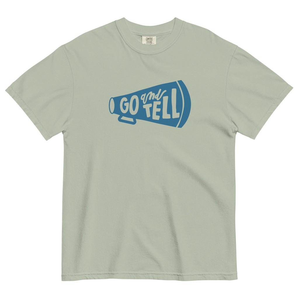 T-shirt from Faith based Christian company, Christian Shirts Shop. 
Graphic: The Great Commission Acts 1:8
Color: Bay shirt with blue graphics
Brand: Comfort Colors