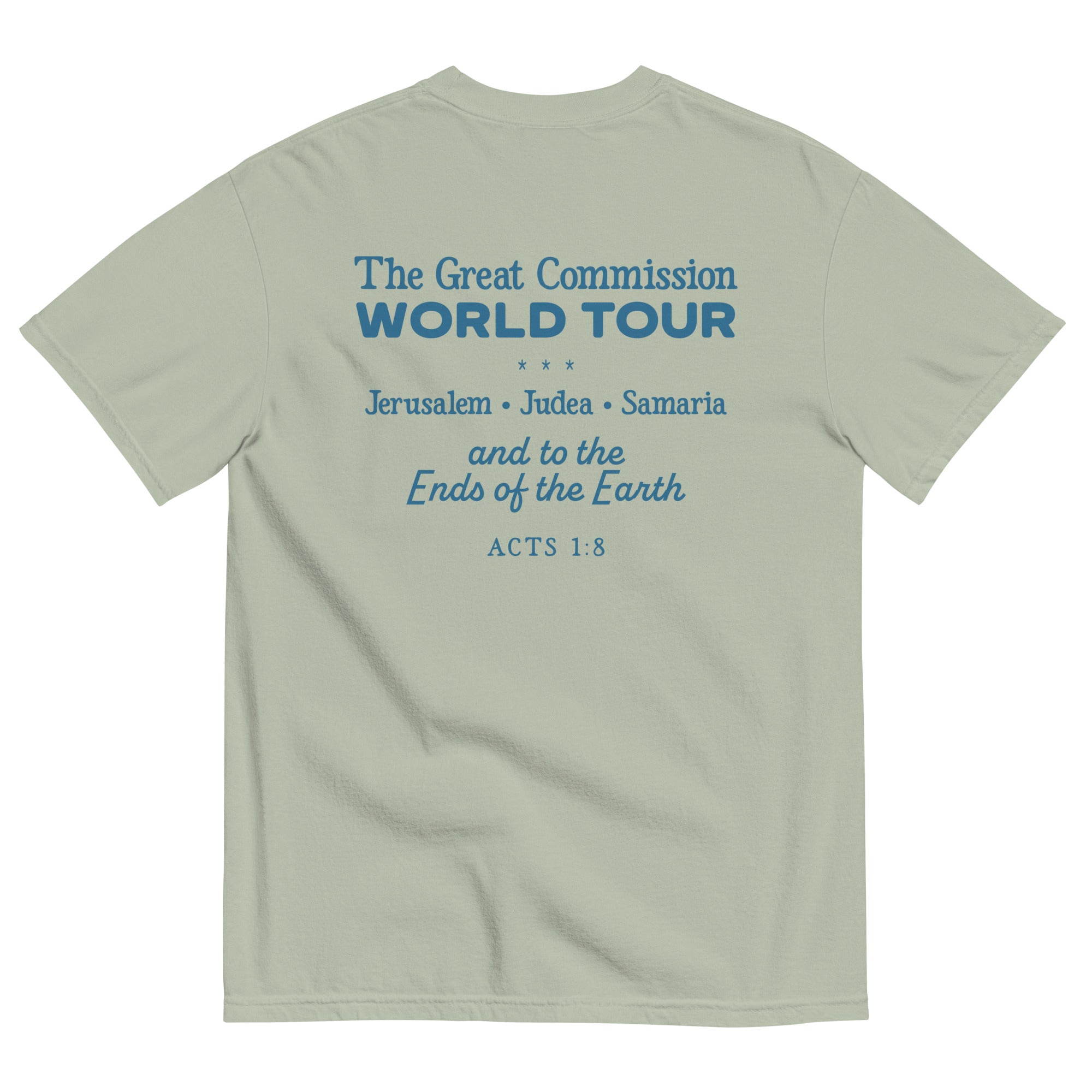 T-shirt from Faith based Christian company, Christian Shirts Shop. 
Graphic: The Great Commission Acts 1:8
Color: Bay shirt with blue graphics
Brand: Comfort Colors