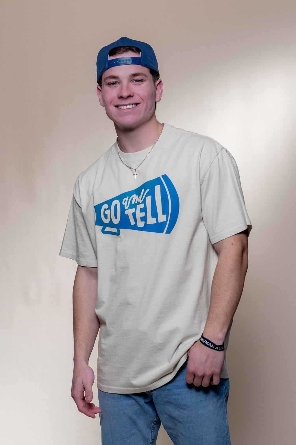 T-shirt from Faith based Christian company, Christian Shirts Shop. 
Graphic: The Great Commission Acts 1:8
Color: Ivory shirt with blue graphics
Brand: Comfort Colors