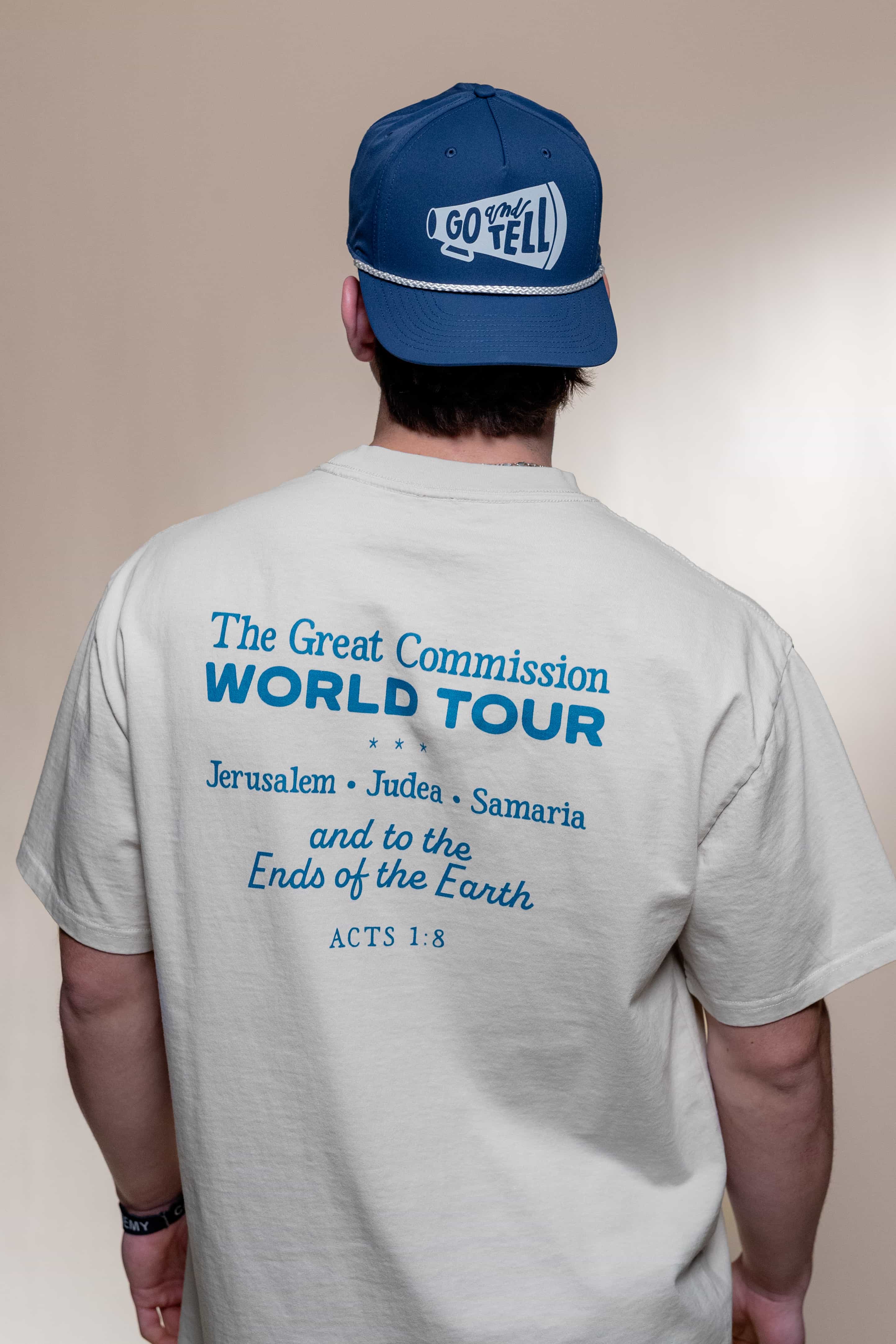 T-shirt from Faith based Christian company, Christian Shirts Shop. 
Graphic: The Great Commission Acts 1:8
Color: Ivory shirt with blue graphics
Brand: Comfort Colors