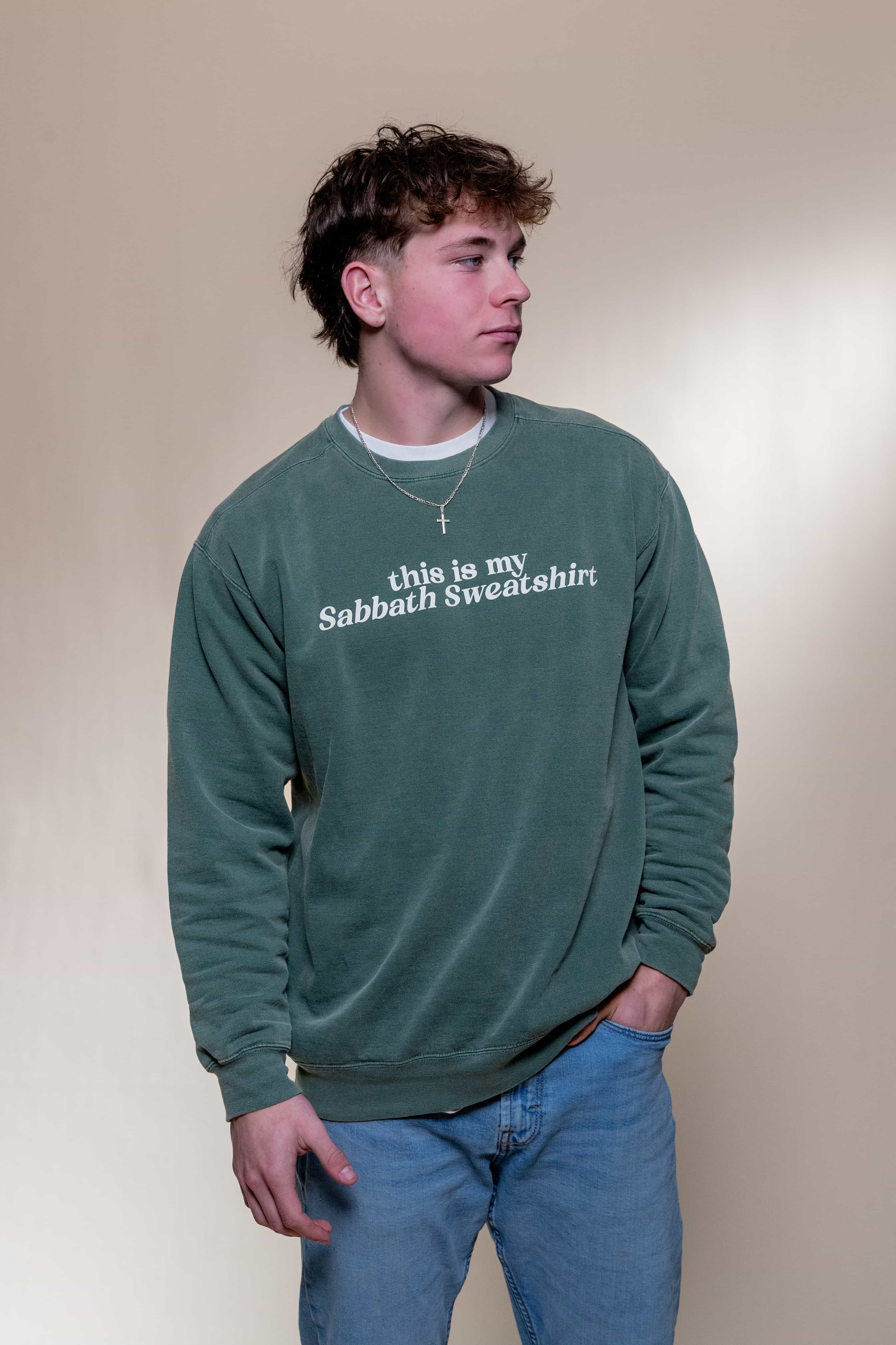 Religious Sweatshirt from Faith based Christian company, Christian Shirts Shop. 
Graphic: This is my Sabbath Sweatshirt
Color: Blue Spruce
Brand: Comfort Colors
