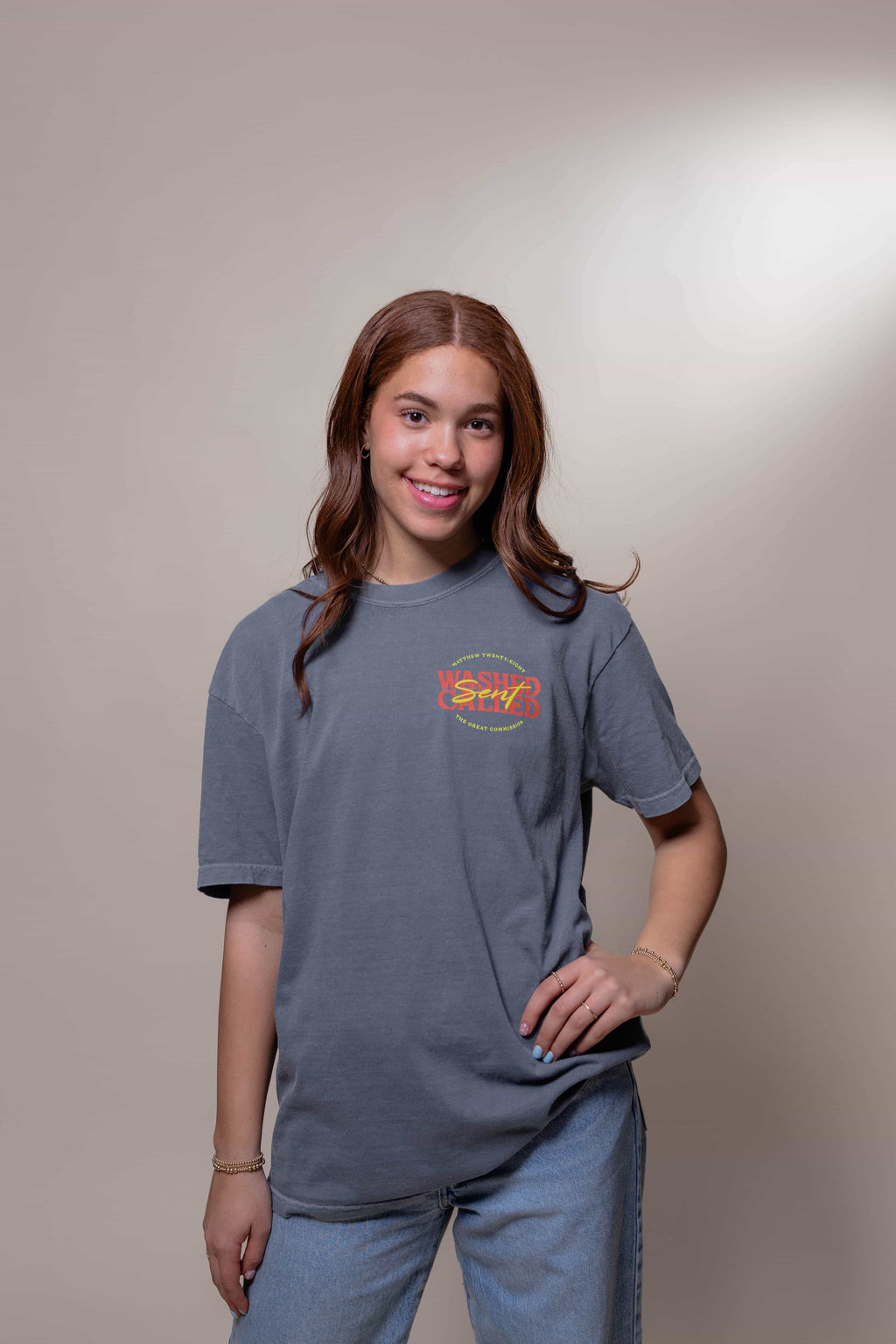 Washed Called Sent T-shirt from Faith based Christian company, Christian Shirts Shop. 
Graphic: Washed Called Sent Matthew 28
Color: Denim
Brand: Comfort Colors 