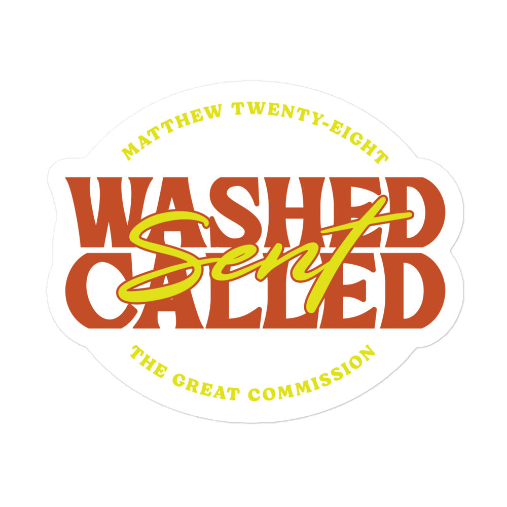 Religious Vinyl Sticker from Faith based Christian company, Christian Shirts Shop.
Graphic: Washed Called Sent Matthew 28 The Great Commission
Color: Yellow and Red 
