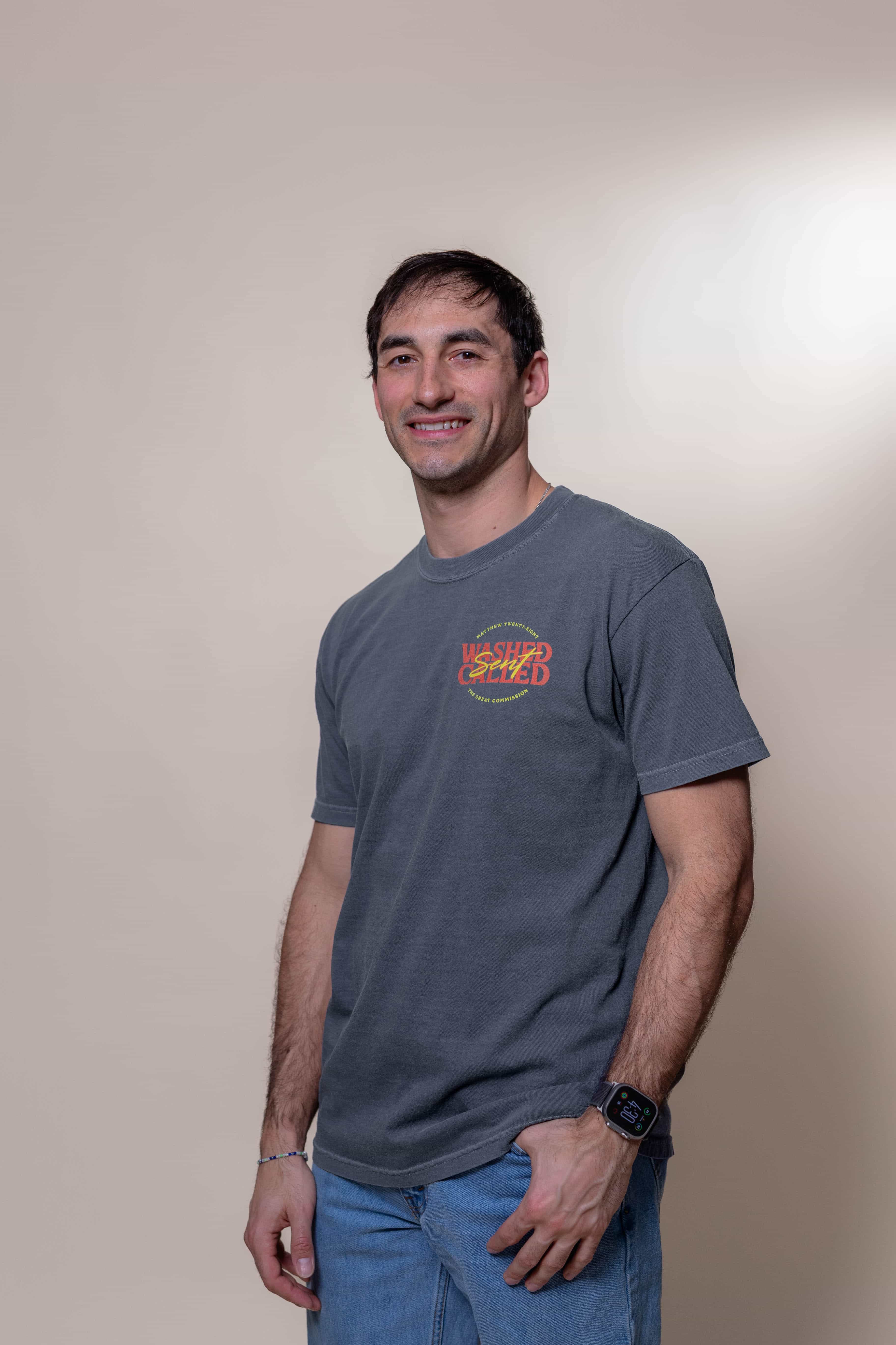 Washed Called Sent T-shirt from Faith based Christian company, Christian Shirts Shop. 
Graphic: Washed Called Sent Matthew 28
Color: Denim 
Brand: Comfort Colors 