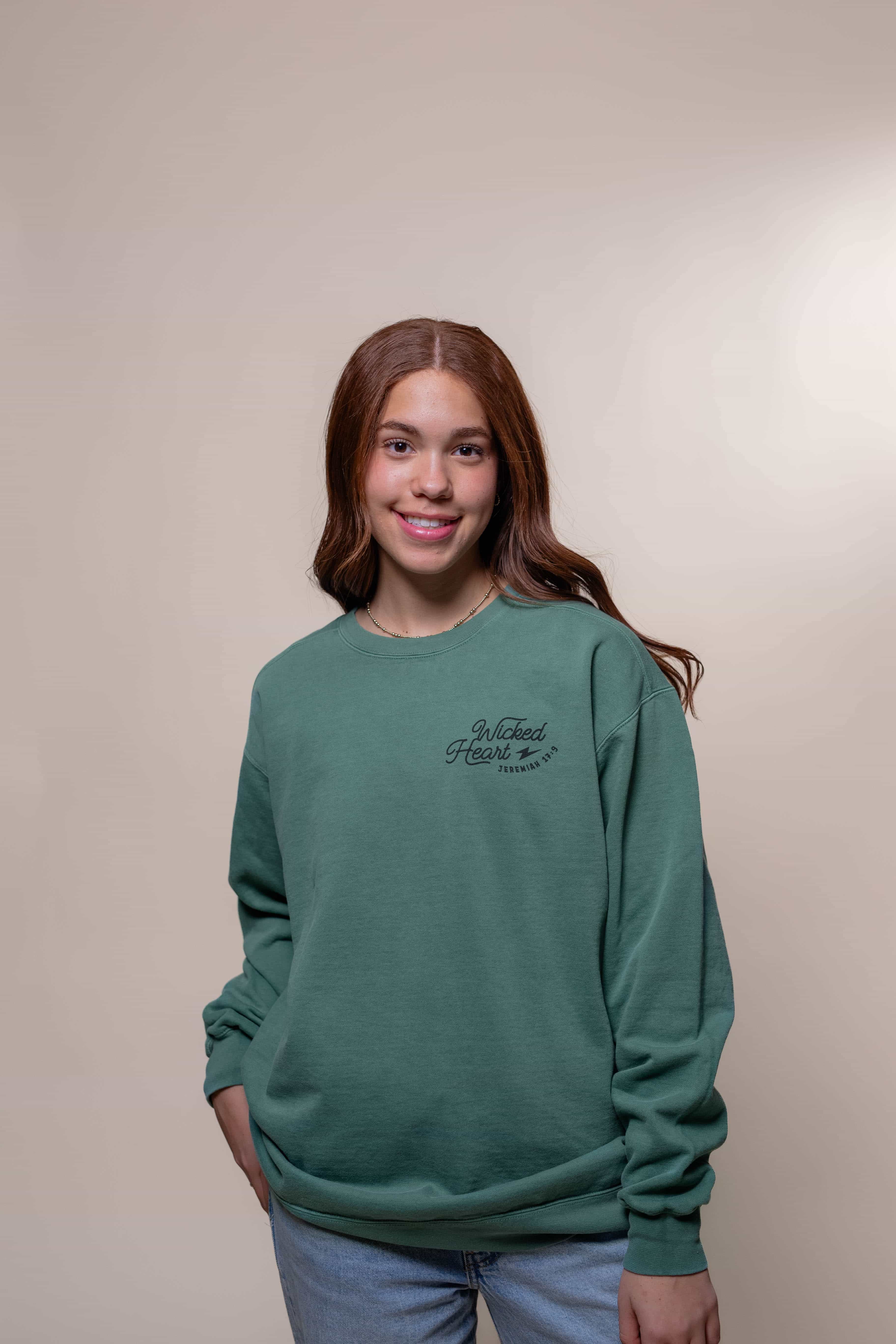 Religious Sweatshirt from Faith based Christian company, Christian Shirts Shop.
Graphic: Wicked Heart Jeremiah 17:9
Color: light green
Brand: Comfort Colors