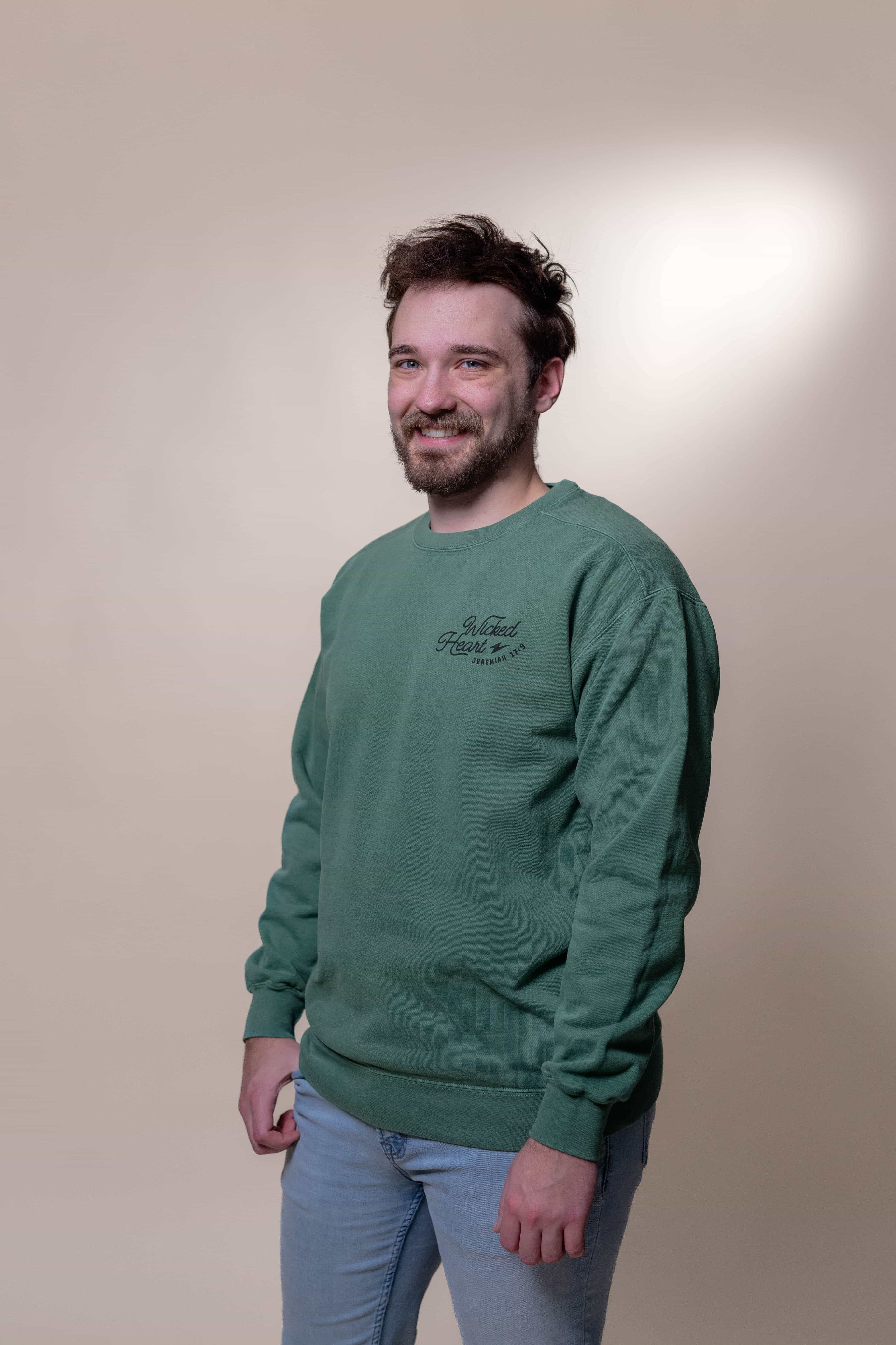 Religious Sweatshirt from Faith based Christian company, Christian Shirts Shop.
Graphic: Wicked Heart Jeremiah 17:9
Color: light green
Brand: Comfort Colors