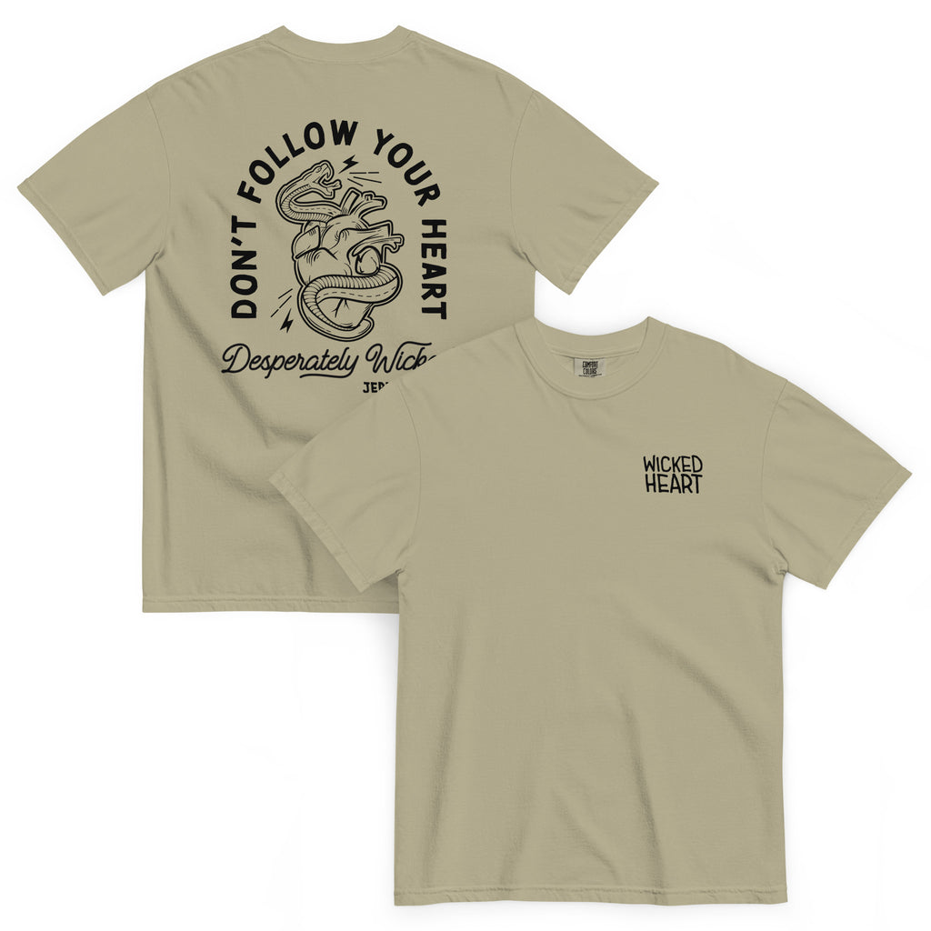 Religious Sweatshirt from Faith based Christian company, Christian Shirts Shop.
Graphic: Wicked Heart  don't follow your heart Jeremiah 17:9
Color: khaki
Brand: Comfort Colors