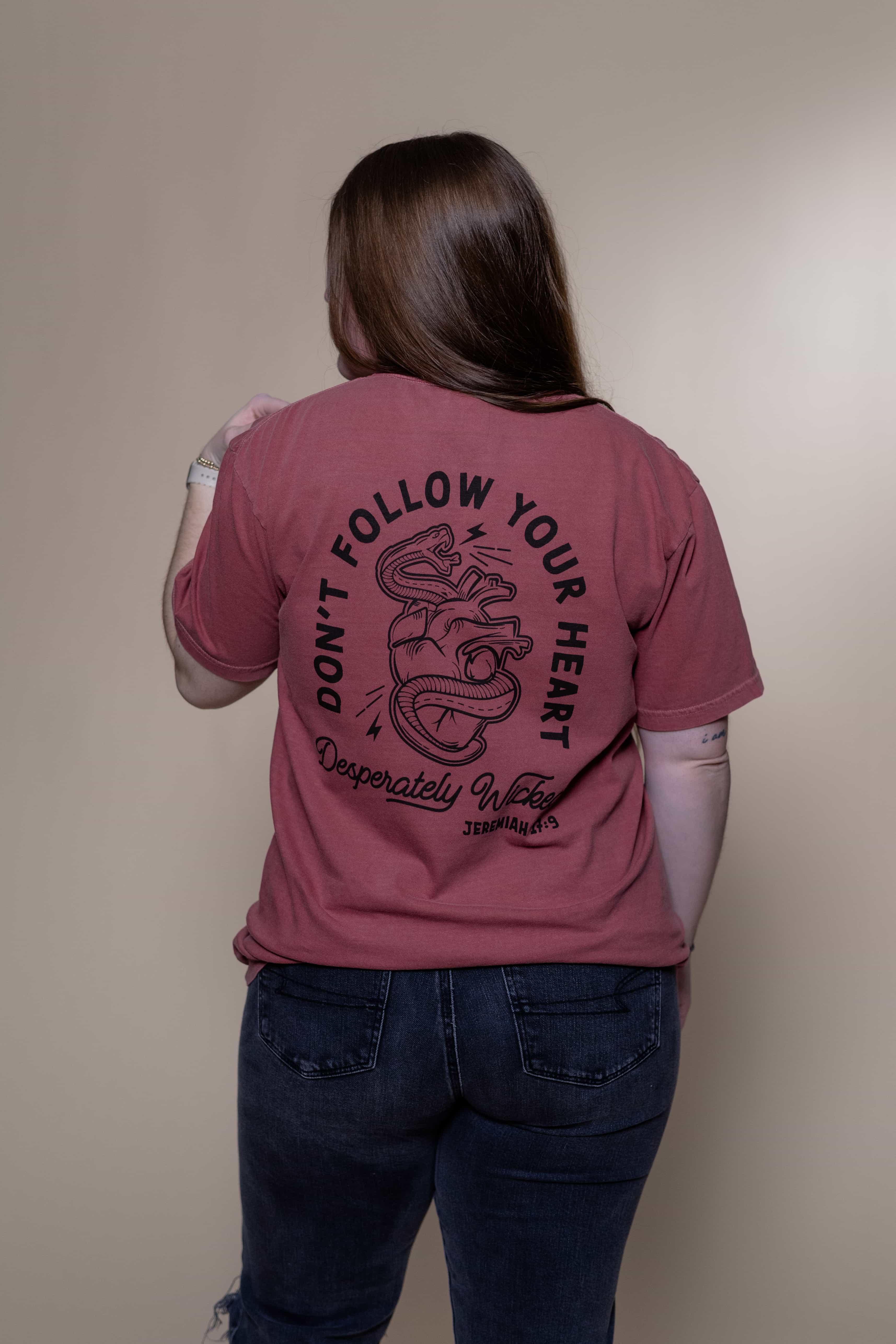 Religious Pocket Shirt from Faith based Christian company, Christian Shirts Shop.
Graphic: Don't Follow Your Heart. It is desperately wicked. Jeremiah 17.9
Color: Brick
Brand: Comfort Colors