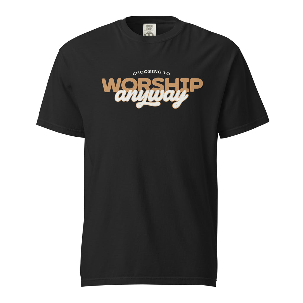 T-shirt from Faith based Christian company, Christian Shirts Shop. 
Graphic: Choosing to Worship Anyway
Color: Black
Brand: Comfort Colors