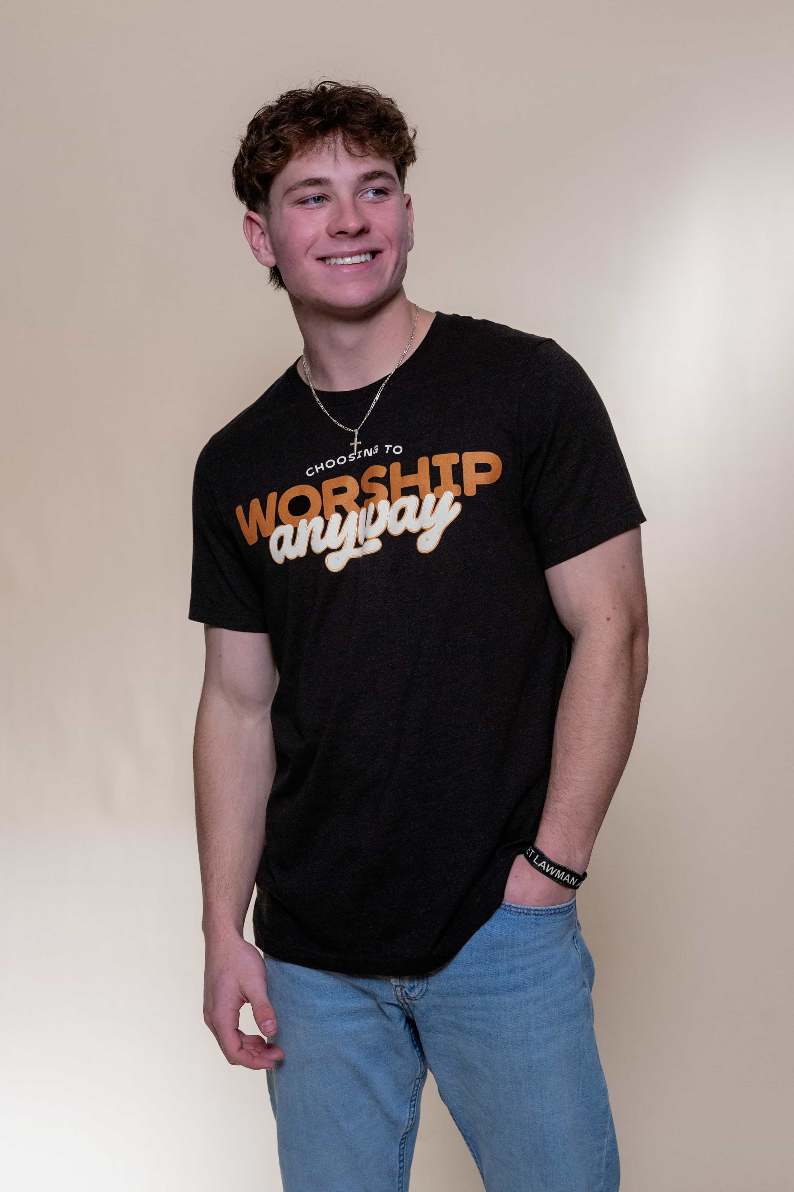 T-shirt from Faith based Christian company, Christian Shirts Shop. 
Graphic: Choosing to Worship Anyway
Color: Black
Brand: Comfort Colors