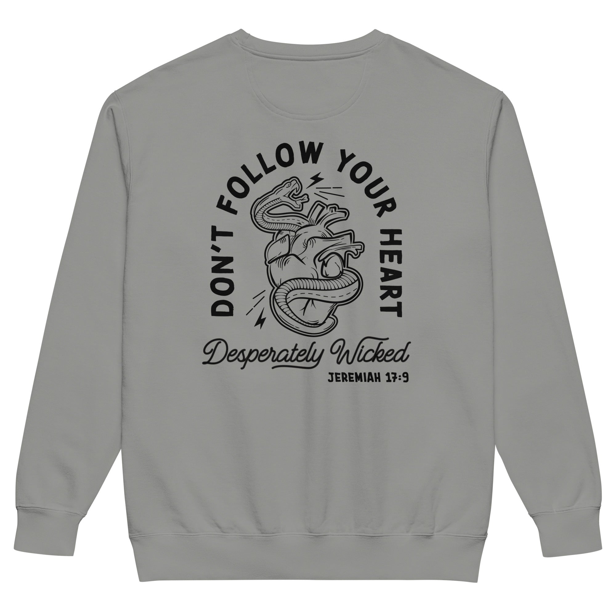Religious Sweatshirt from Faith based Christian company, Christian Shirts Shop. 
Graphic: Wicked Heart Jeremiah 17:9
Color: gray
Brand: Comfort Colors